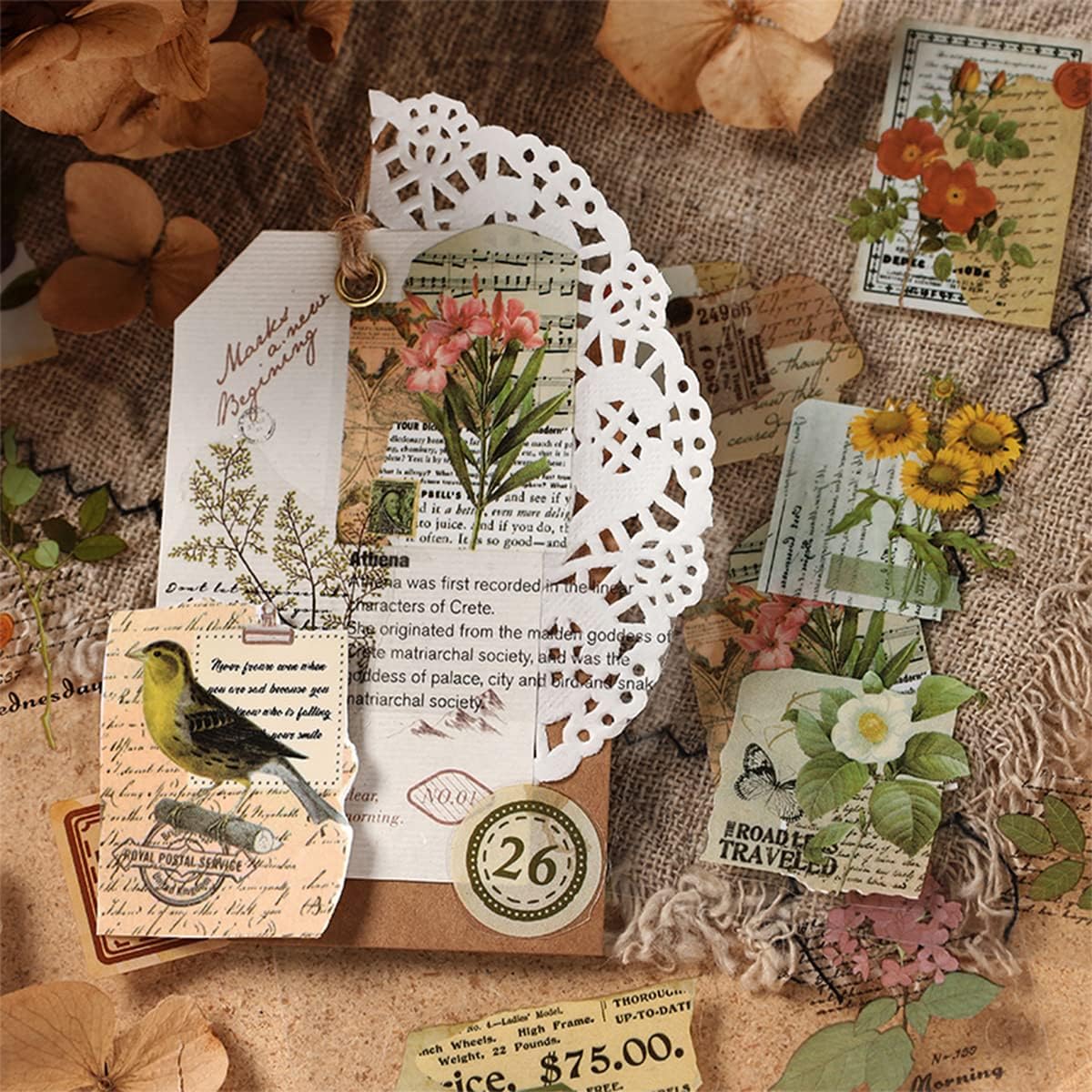 A beautiful junk journal collage with vintage ephemera, pressed flowers, doilies, and handwritten notes