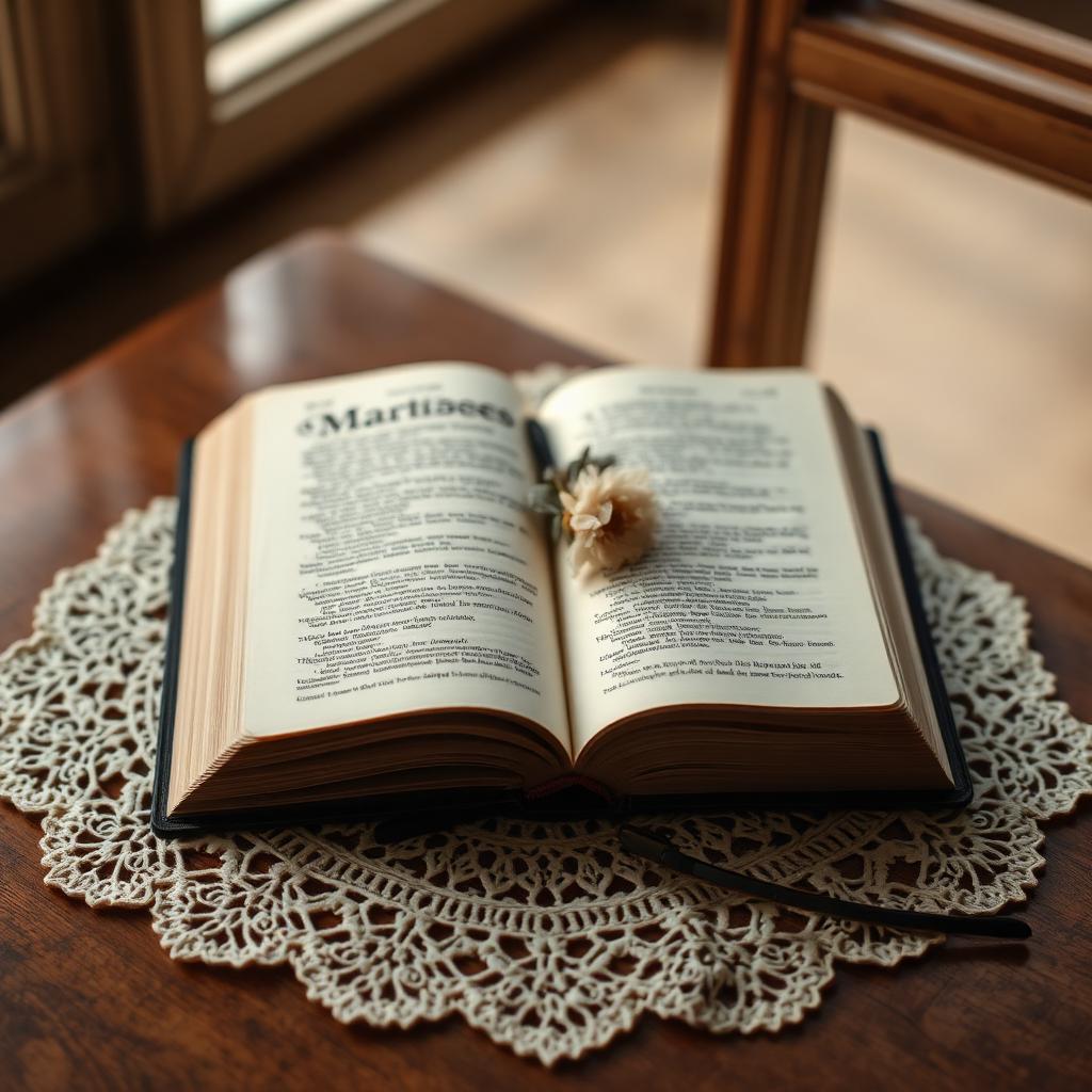 An open Bible resting on a lace doily in warm, peaceful light