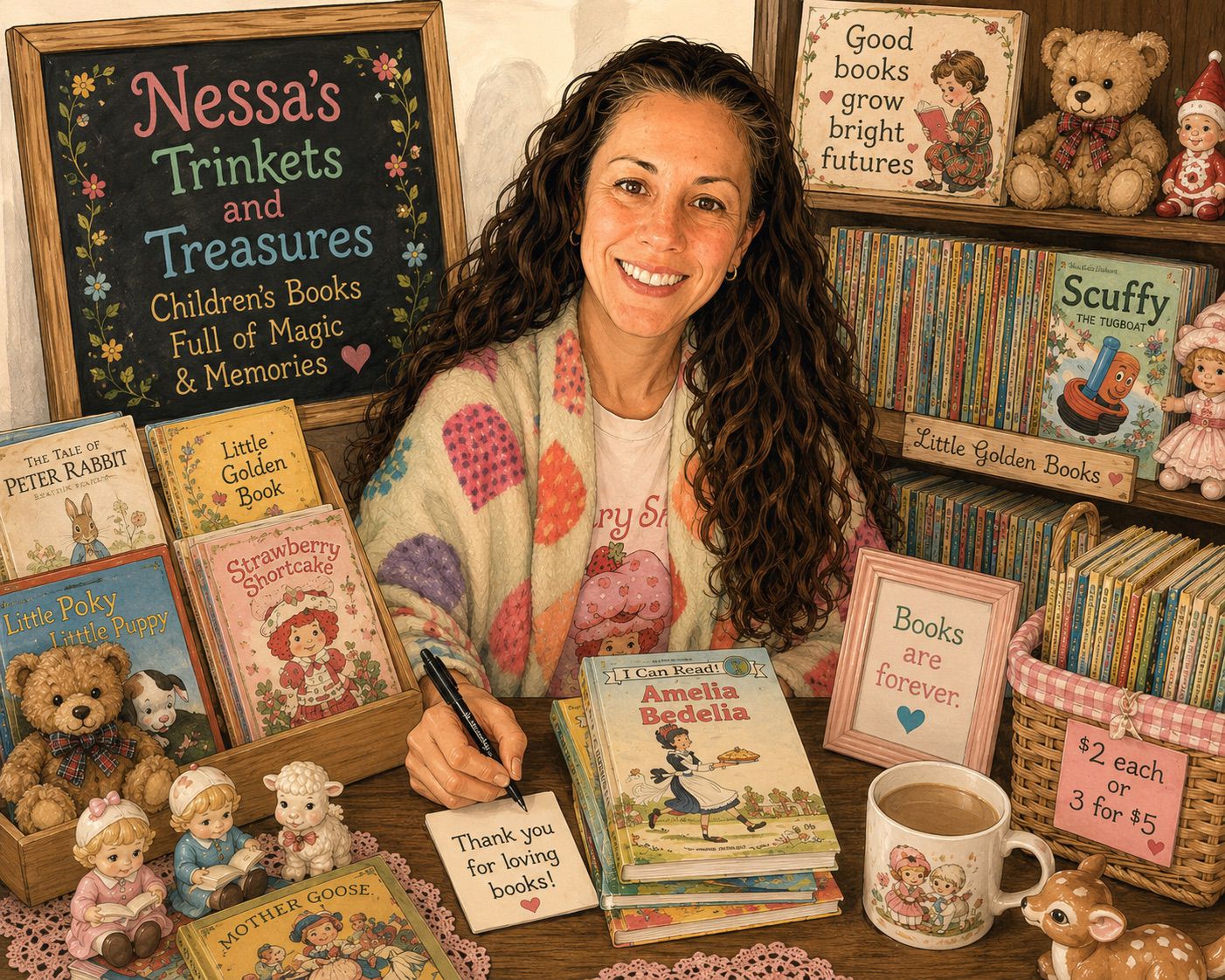 Nessa at her cozy craft table surrounded by junk journals, vintage salt and pepper shakers, holiday trinkets, and creative supplies